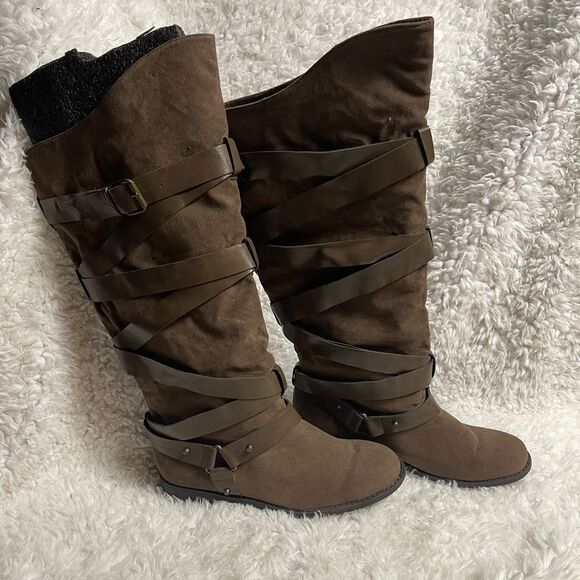 Shoe Dazzle Haley synthetic brown slip on riding boots Size 10W - Picture 1 of 10